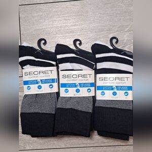 3 Brand New Secret Comfort 3 Pair Women's Black and White Stripped Crew Socks